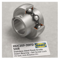 MUC207-20FD SNR Stainless Steel Food-Grade Insert Bearing – Set Screw Lock, FD Seal, Anti-Rotation Pin