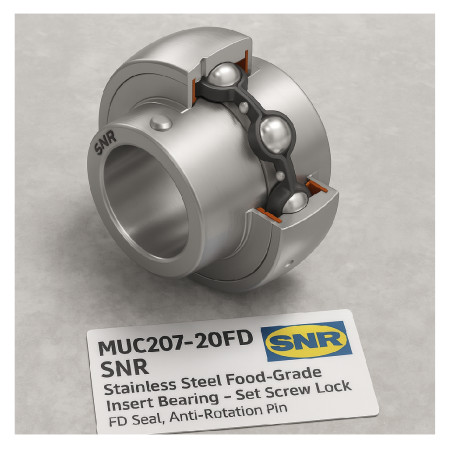 MUC207-20FD SNR Stainless Steel Food-Grade Insert Bearing – Set Screw Lock, FD Seal, Anti-Rotation Pin