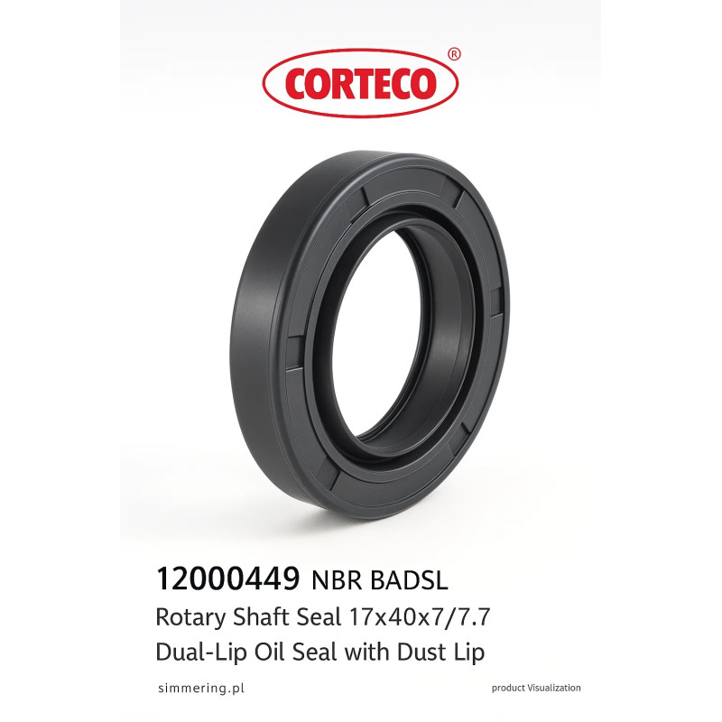 CORTECO 12000449 NBR BADSL Rotary Shaft Seal 17x40x7/7.7 – Dual-Lip Oil Seal with Dust Lip